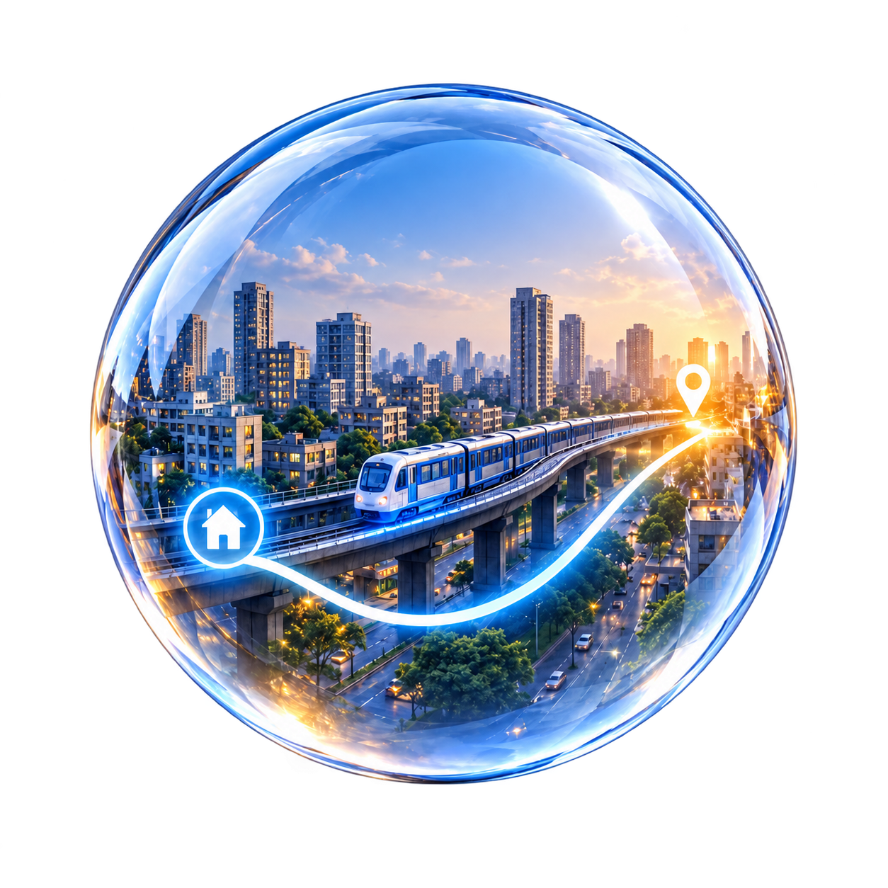 A glass orb holding a city and a train, joined by a glowing blue route from home to a destination.